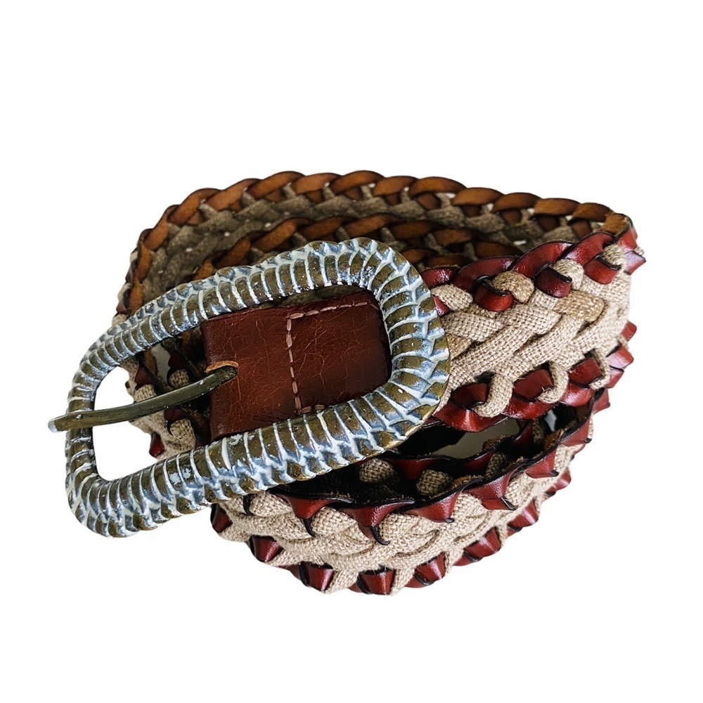 FIBEL Made in Italy Woven Leather Belt w Heavy Metal Buckle